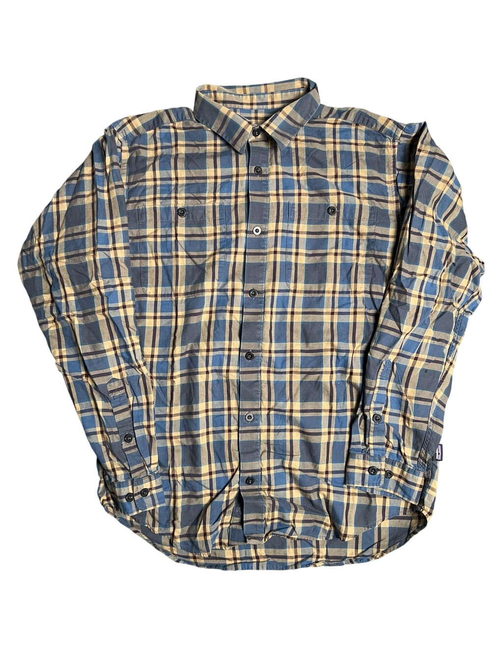 Patagonia Shirt Mens M Blue Tan Plaid Button-Up Collared 100% Cotton Long Sleeve